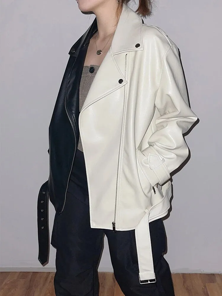 Fashion Moto Biker Faux Soft Leather Jacket with Belt