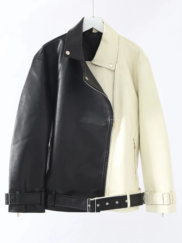 Fashion Moto Biker Faux Soft Leather Jacket with Belt