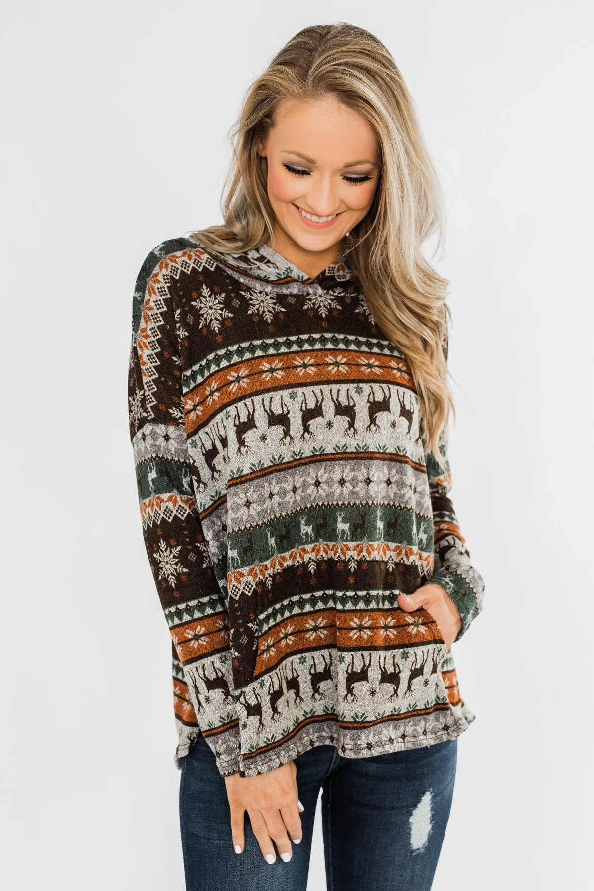 Feeling Festive Reindeer Print Hoodie- Grey, Olive, & Rust