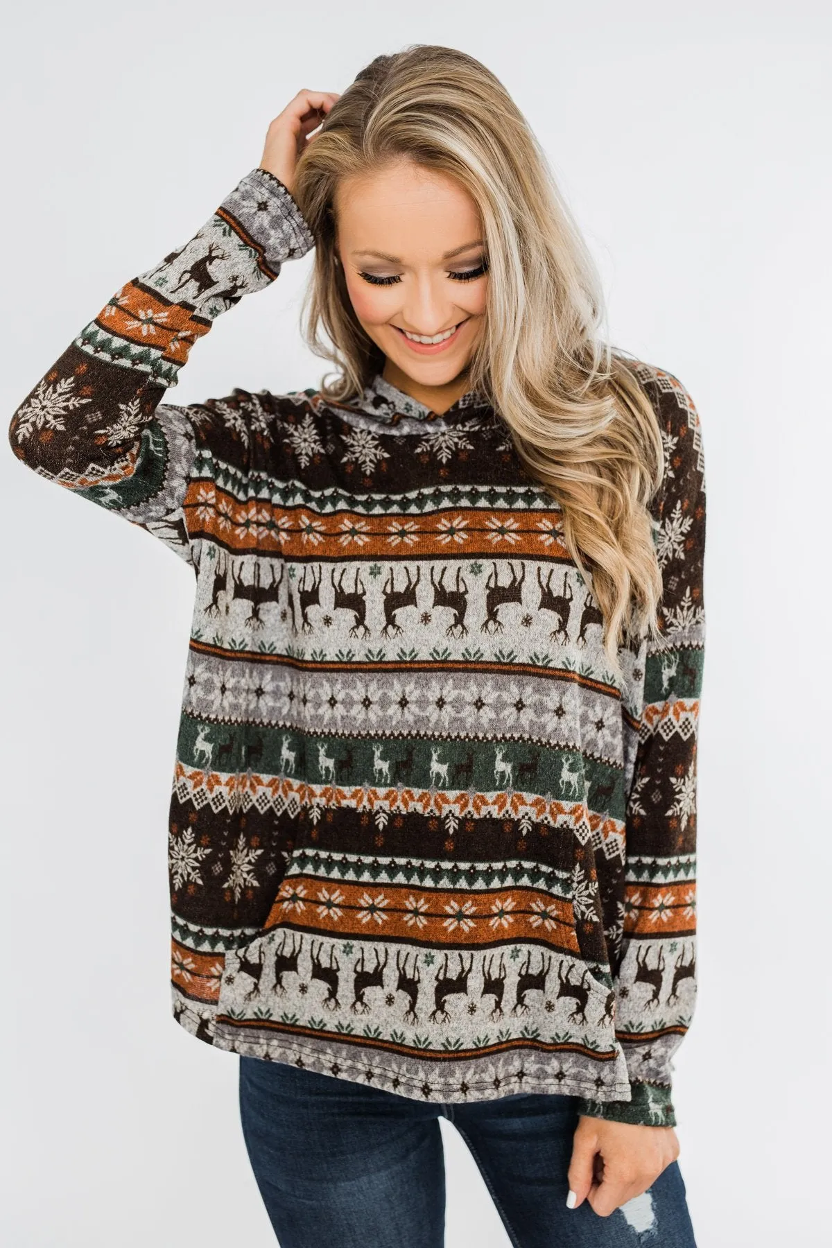 Feeling Festive Reindeer Print Hoodie- Grey, Olive, & Rust