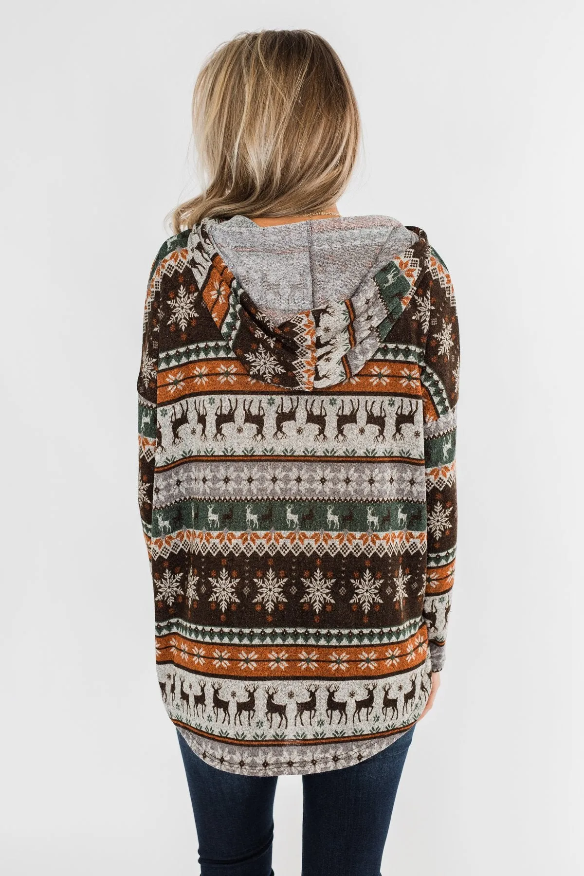 Feeling Festive Reindeer Print Hoodie- Grey, Olive, & Rust
