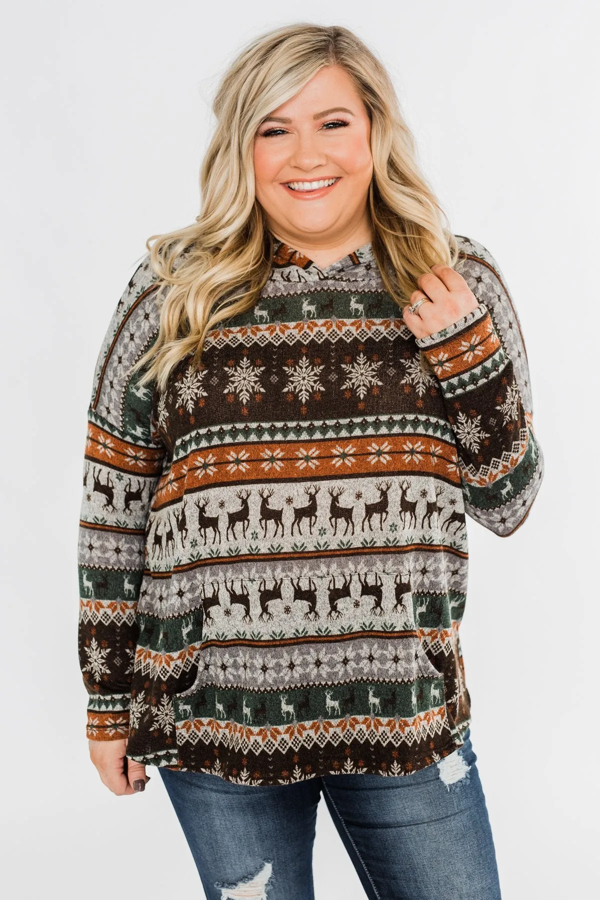 Feeling Festive Reindeer Print Hoodie- Grey, Olive, & Rust