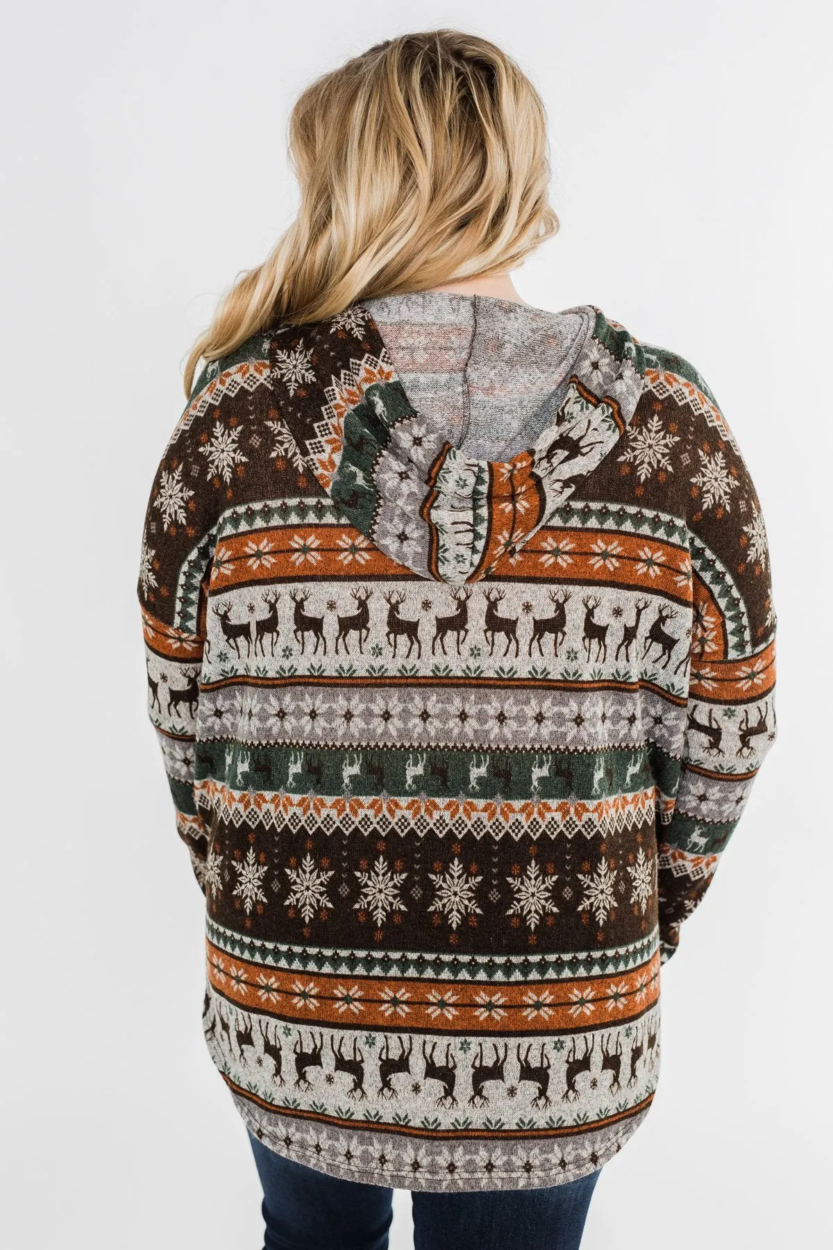 Feeling Festive Reindeer Print Hoodie- Grey, Olive, & Rust