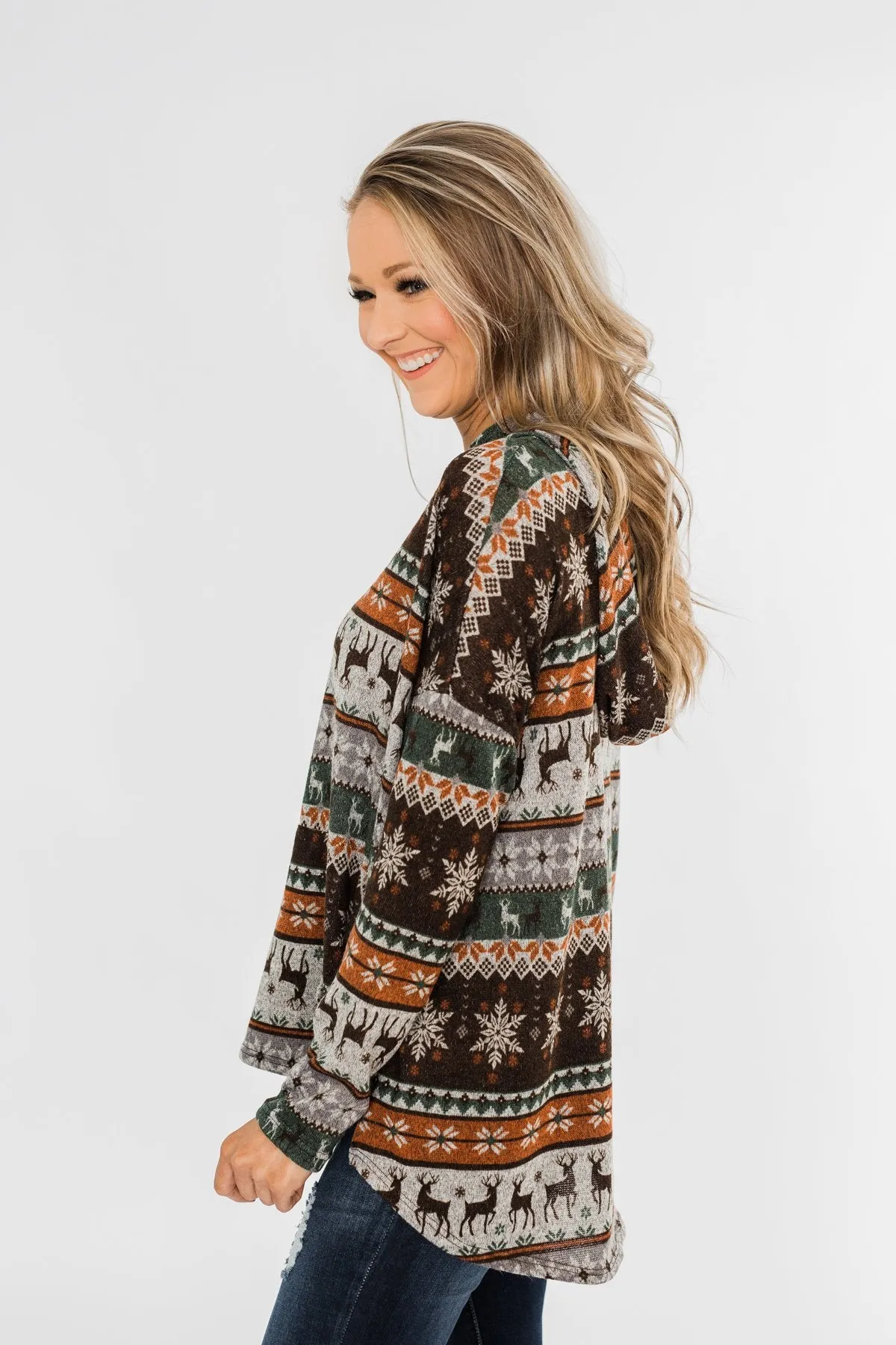 Feeling Festive Reindeer Print Hoodie- Grey, Olive, & Rust