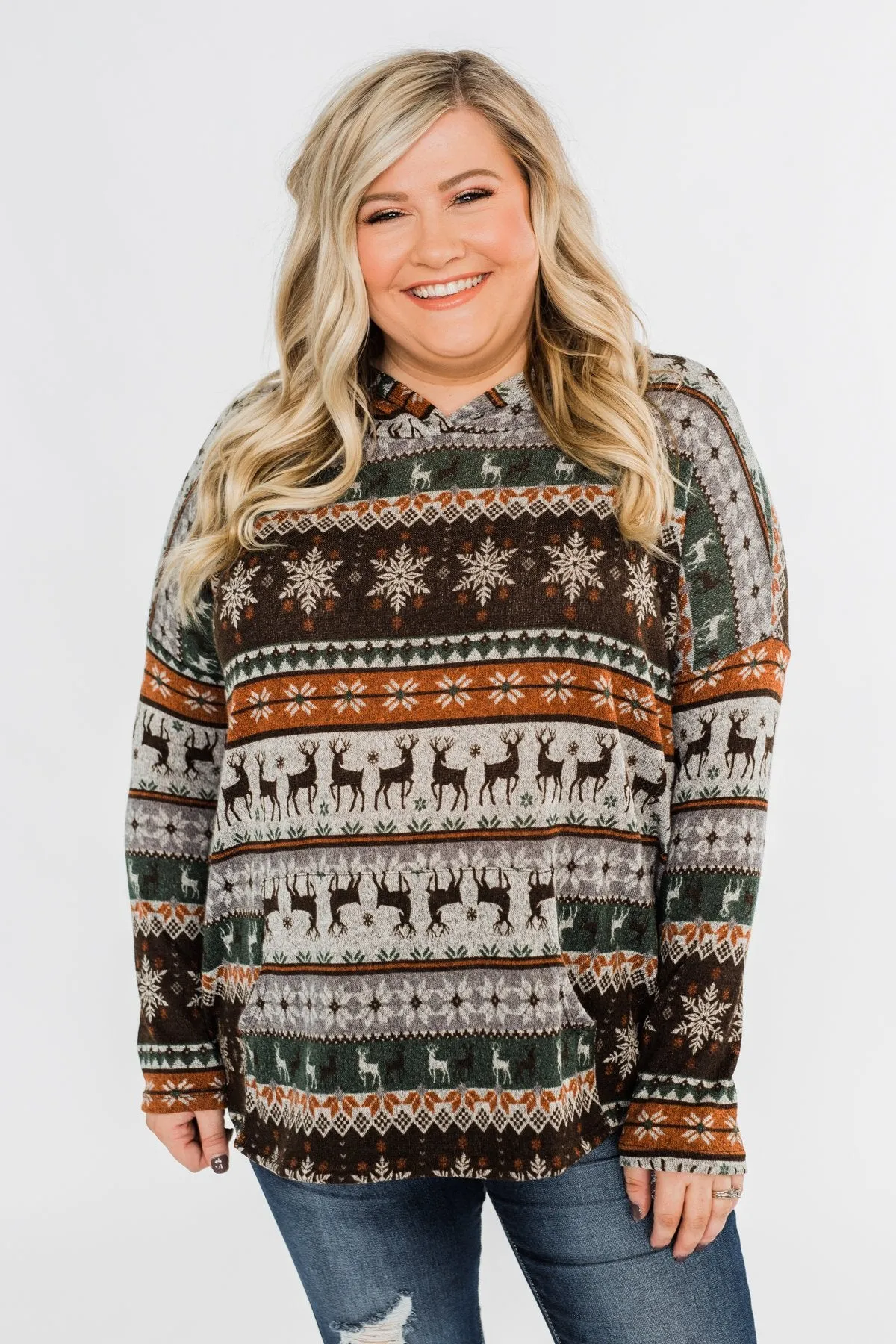 Feeling Festive Reindeer Print Hoodie- Grey, Olive, & Rust