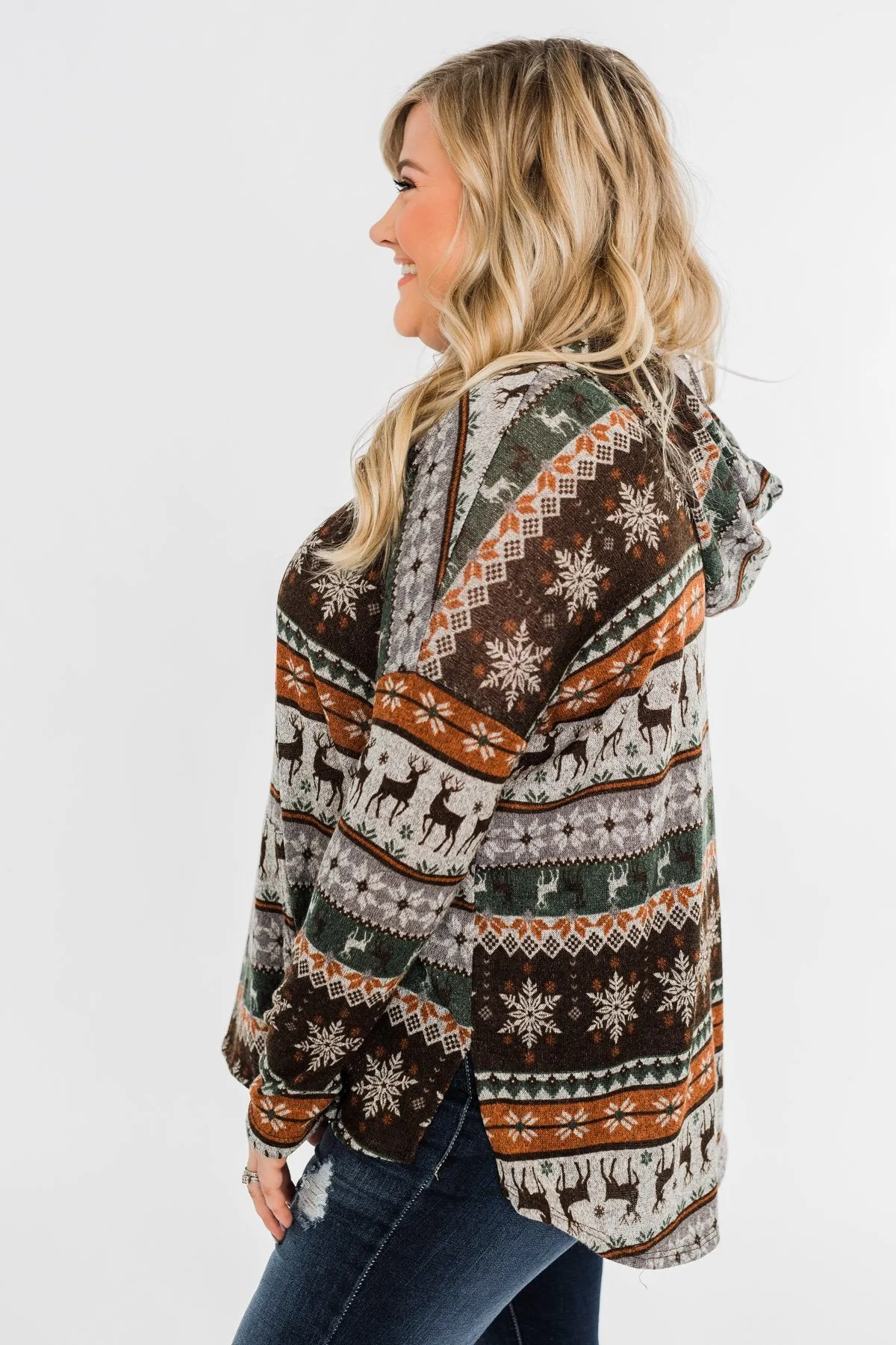 Feeling Festive Reindeer Print Hoodie- Grey, Olive, & Rust