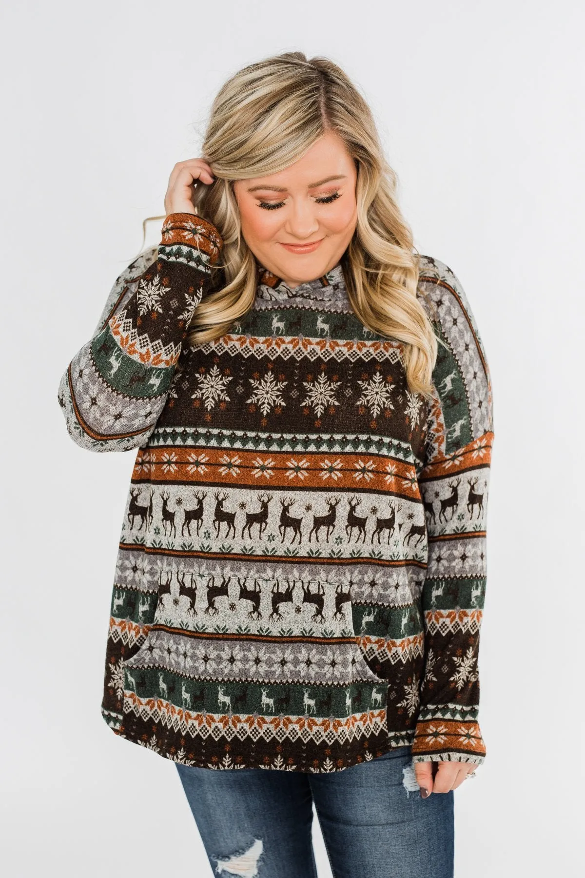 Feeling Festive Reindeer Print Hoodie- Grey, Olive, & Rust