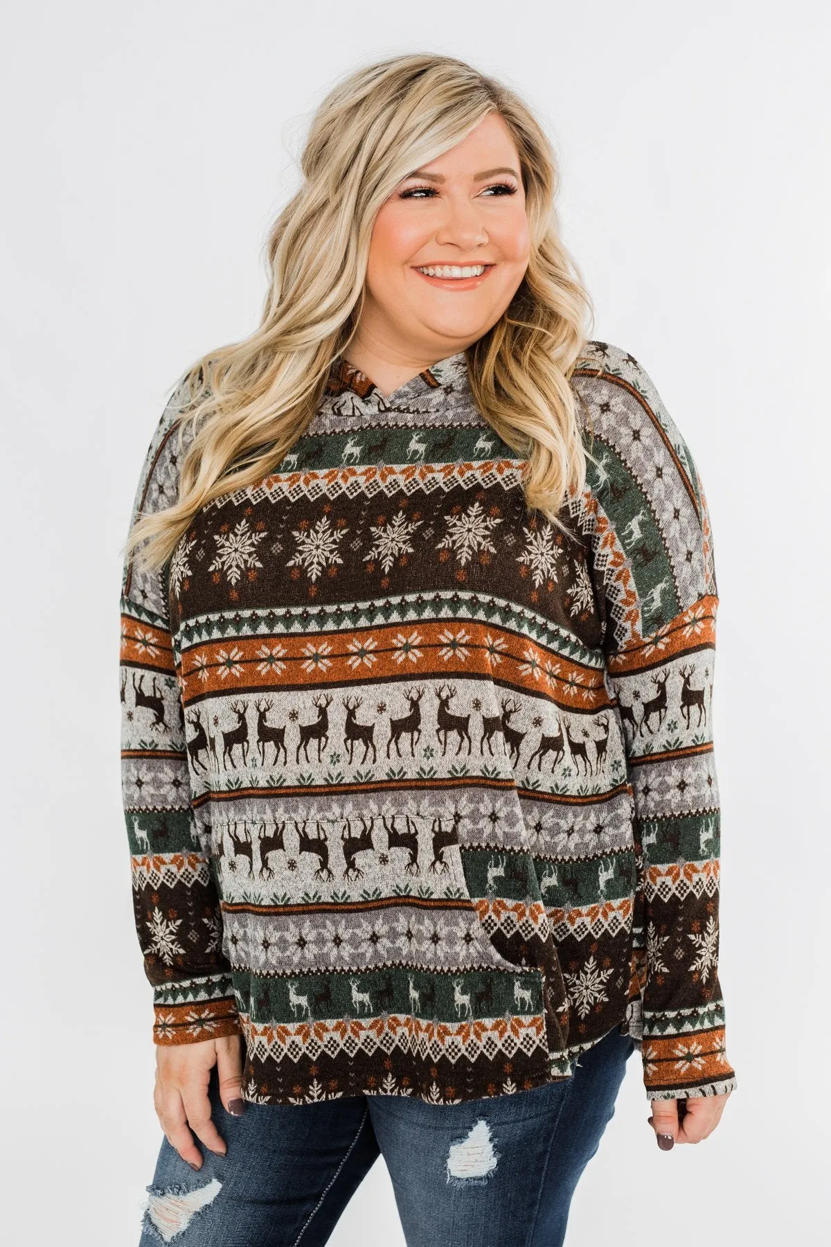 Feeling Festive Reindeer Print Hoodie- Grey, Olive, & Rust
