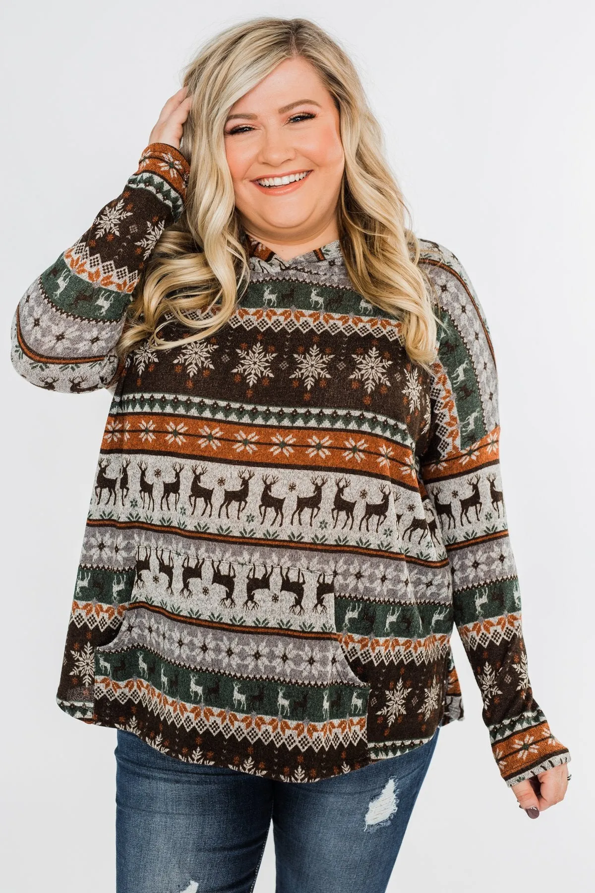 Feeling Festive Reindeer Print Hoodie- Grey, Olive, & Rust