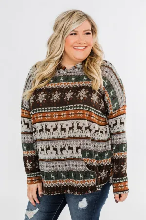 Feeling Festive Reindeer Print Hoodie- Grey, Olive, & Rust