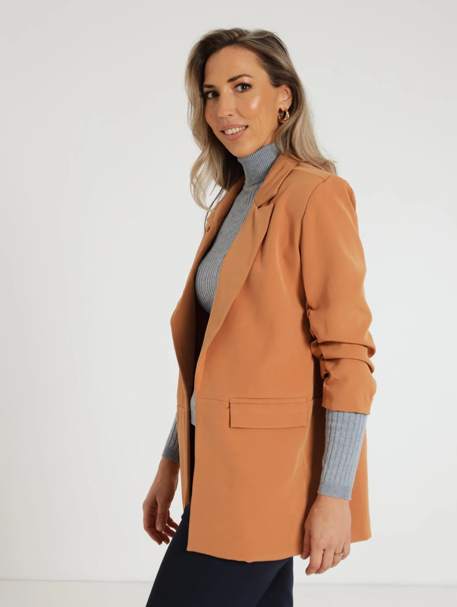 Gauged Sleeve Blazer - Sand