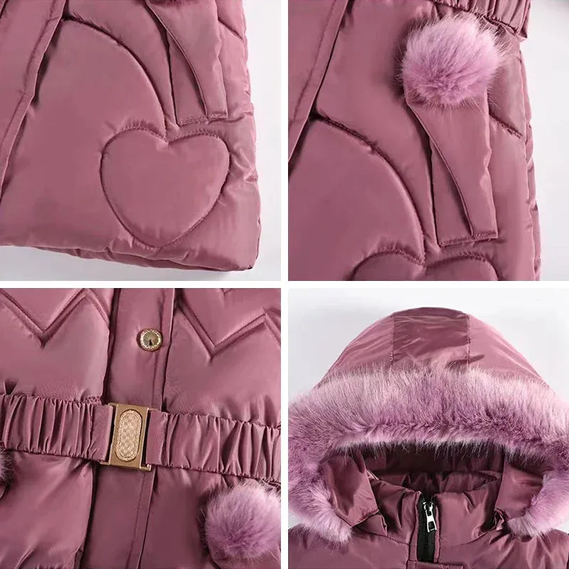Girls Coat Keep Warm Thicken Kids Jacket Hooded Zipper Fur Collar Princess Outerwear Children's Clothing