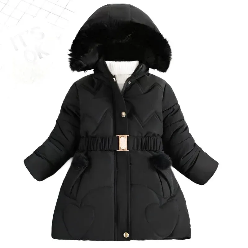 Girls Coat Keep Warm Thicken Kids Jacket Hooded Zipper Fur Collar Princess Outerwear Children's Clothing