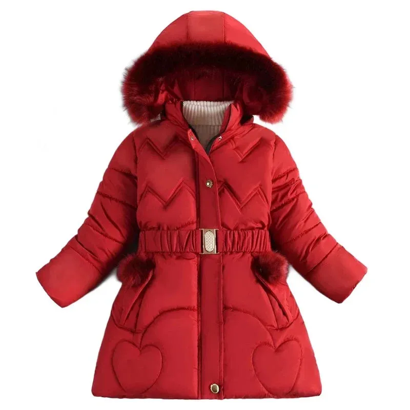Girls Coat Keep Warm Thicken Kids Jacket Hooded Zipper Fur Collar Princess Outerwear Children's Clothing