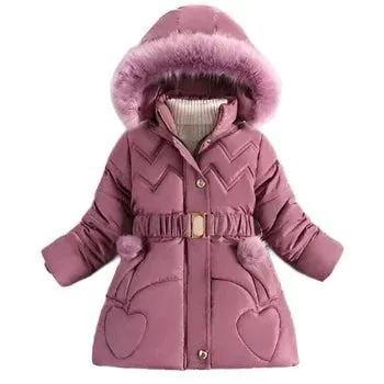 Girls Coat Keep Warm Thicken Kids Jacket Hooded Zipper Fur Collar Princess Outerwear Children's Clothing