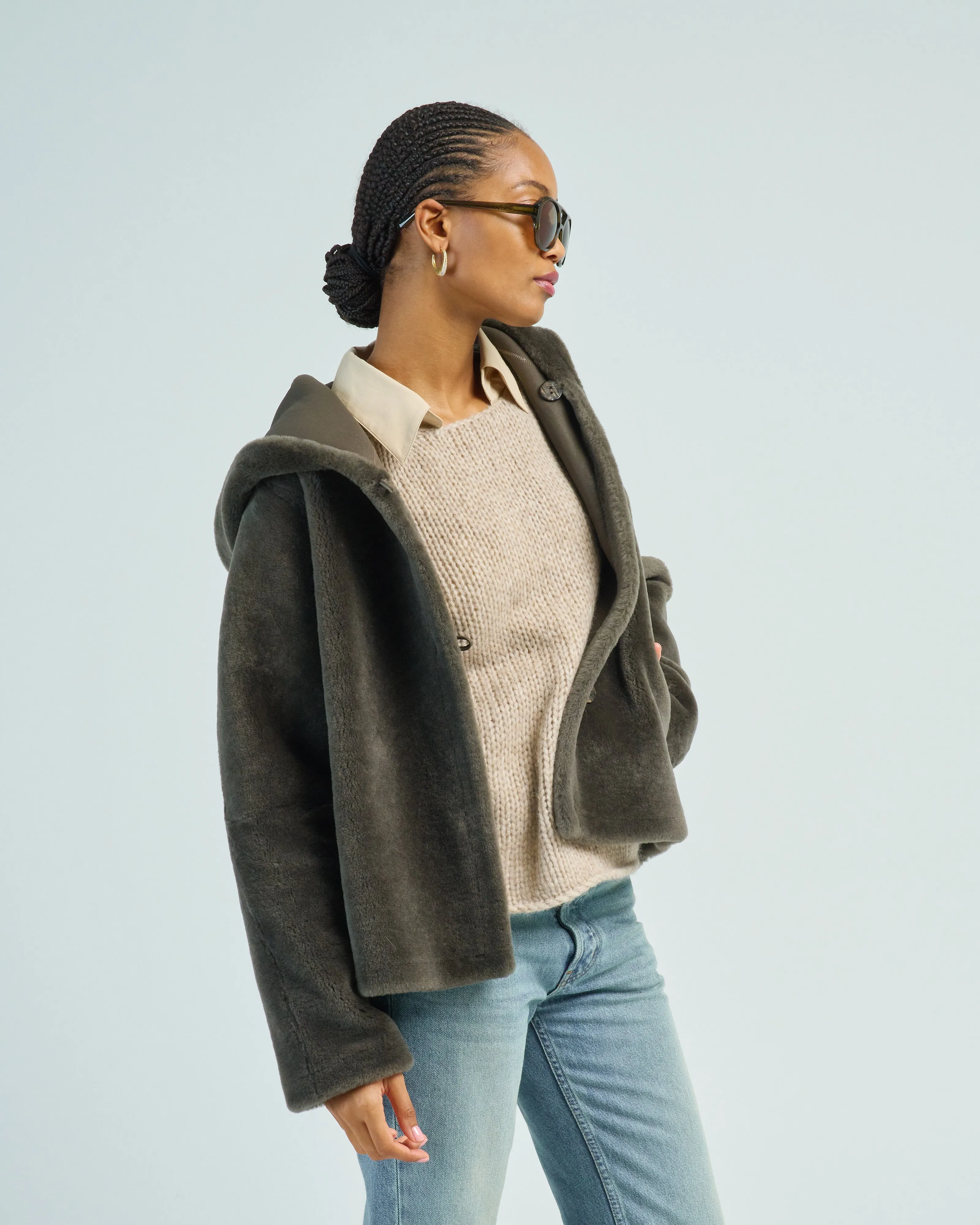 hooded shearling jacket