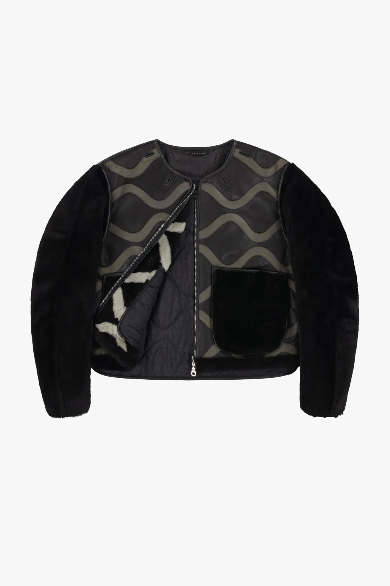 Intarsia Shearling Cropped Aviator Jacket - Black / Black