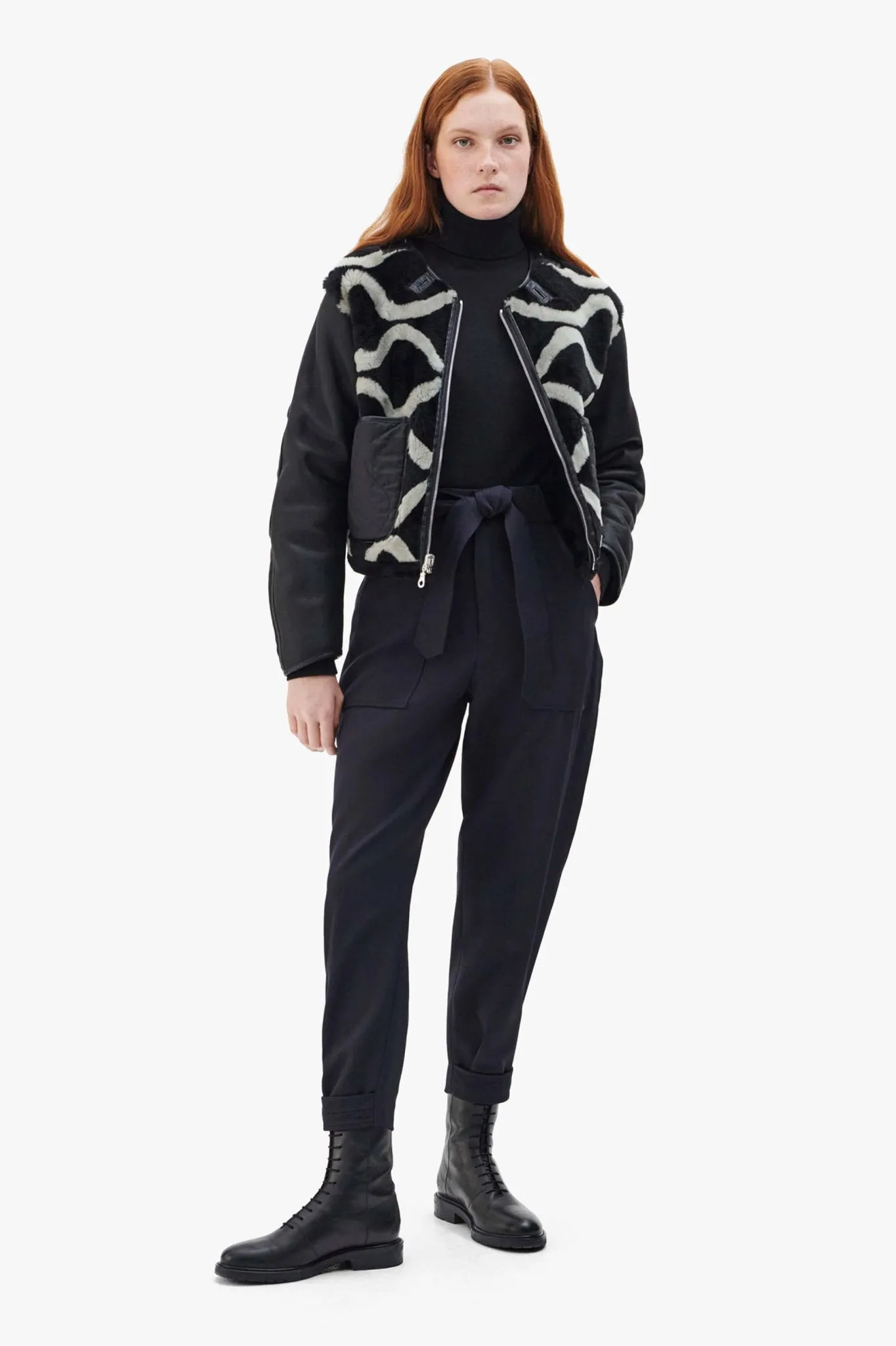 Intarsia Shearling Cropped Aviator Jacket - Black / Black
