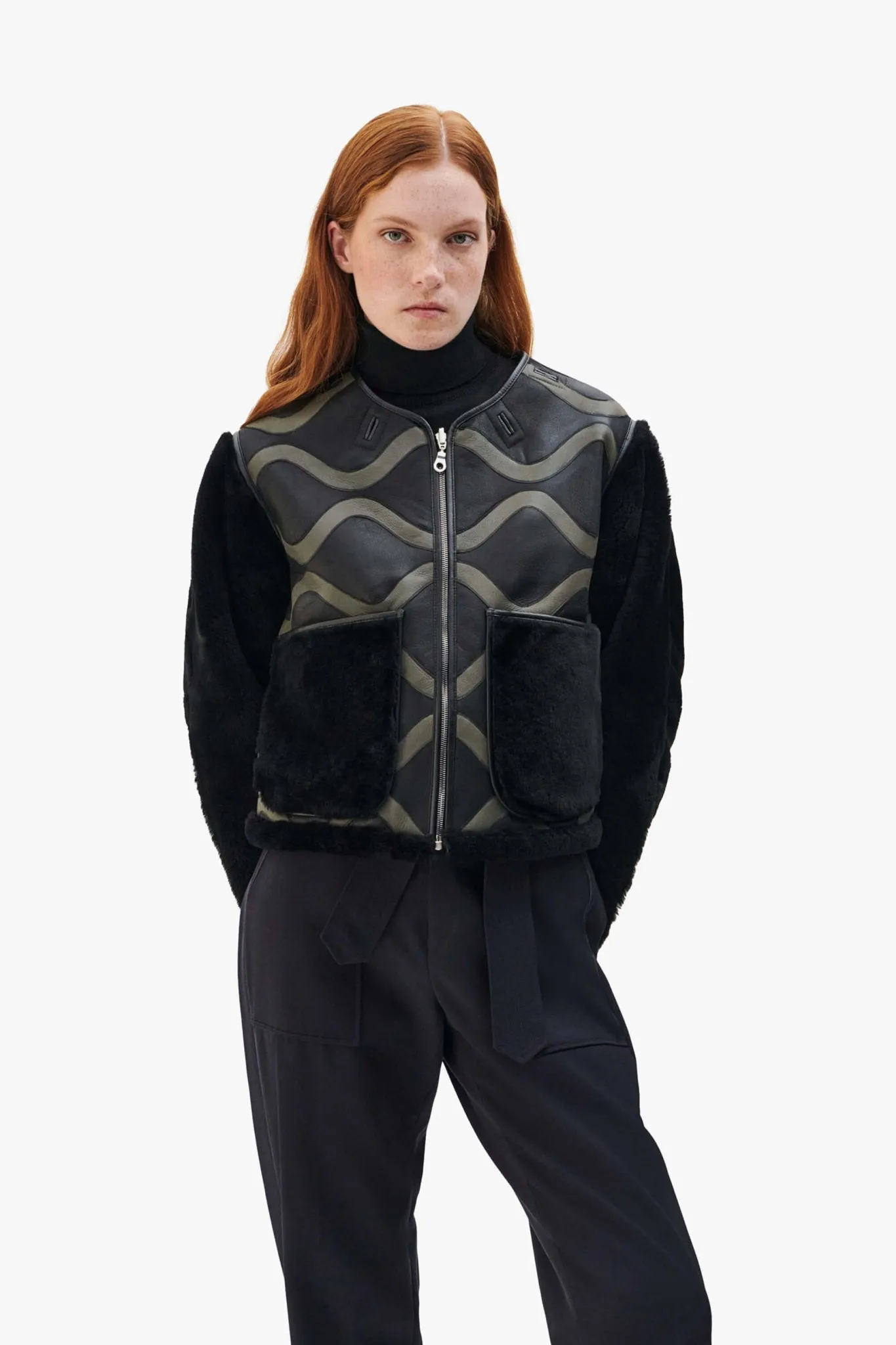 Intarsia Shearling Cropped Aviator Jacket - Black / Black