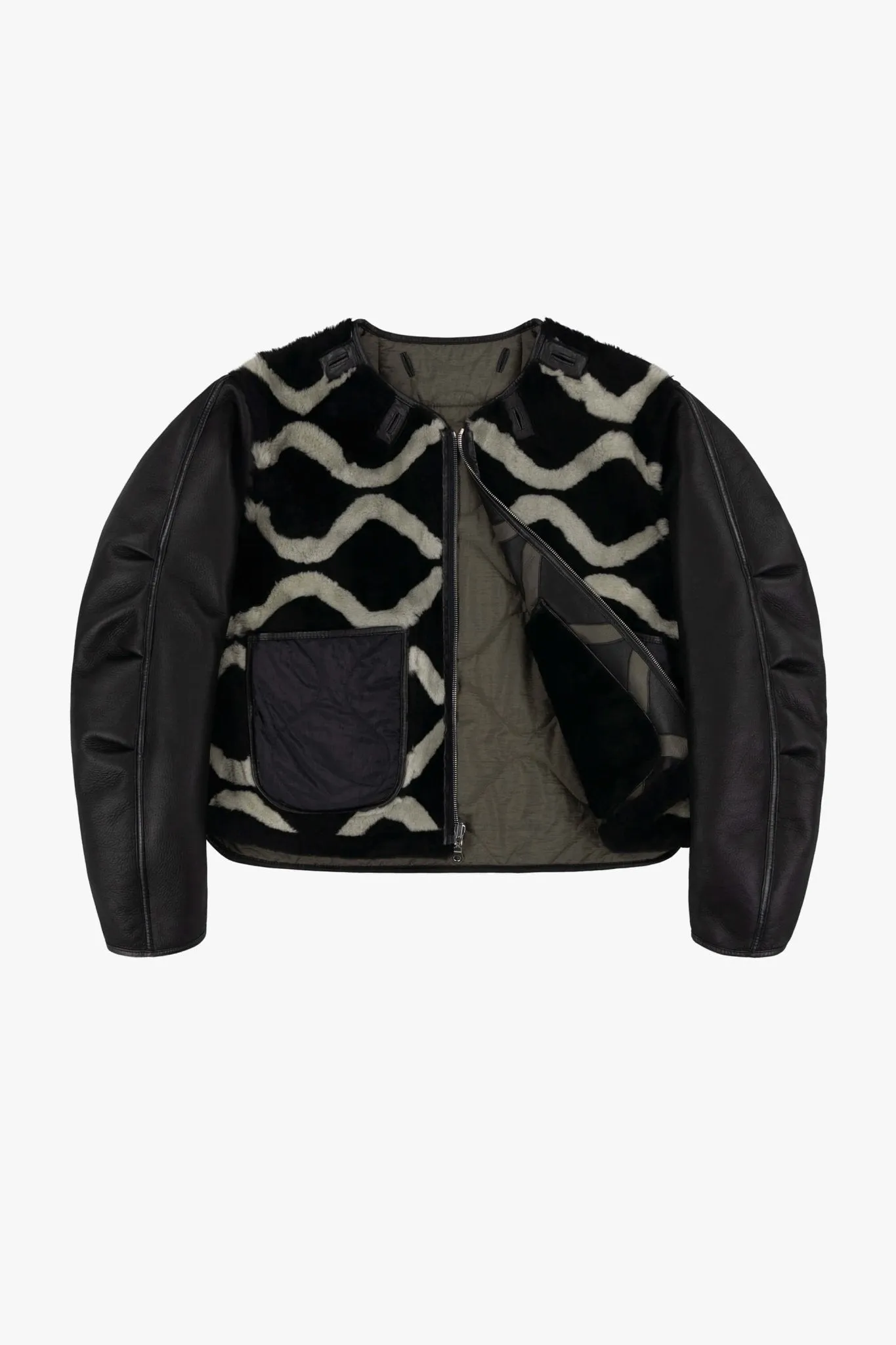 Intarsia Shearling Cropped Aviator Jacket - Black / Black