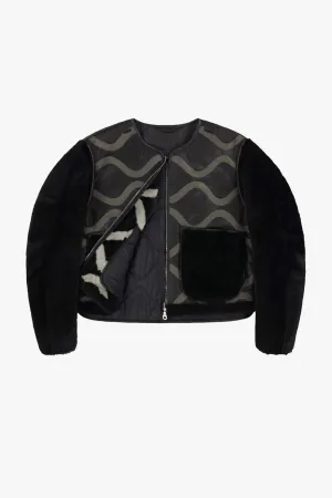 Intarsia Shearling Cropped Aviator Jacket - Black / Black