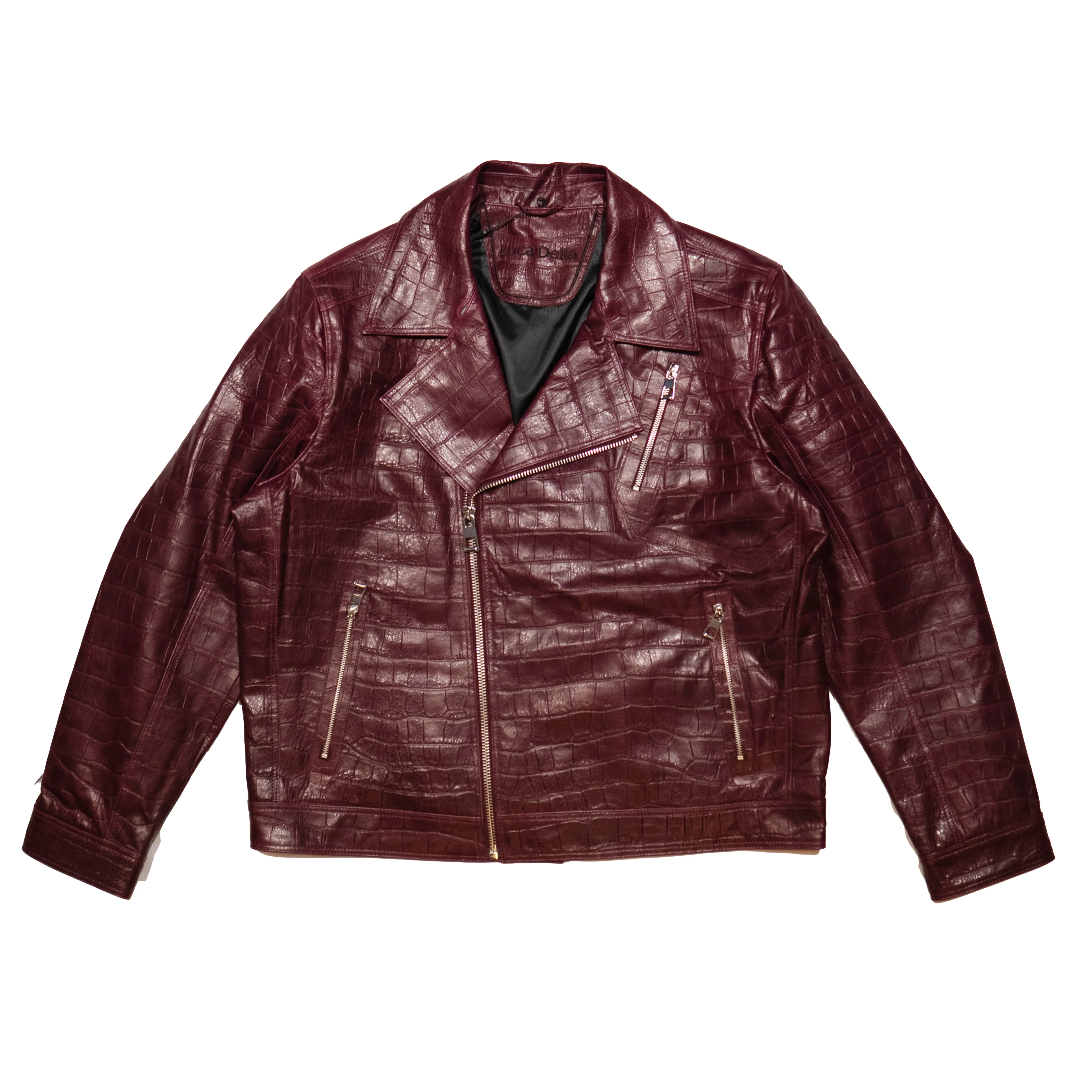 Kashani Burgundy Embossed Alligator Fox Biker Jacket