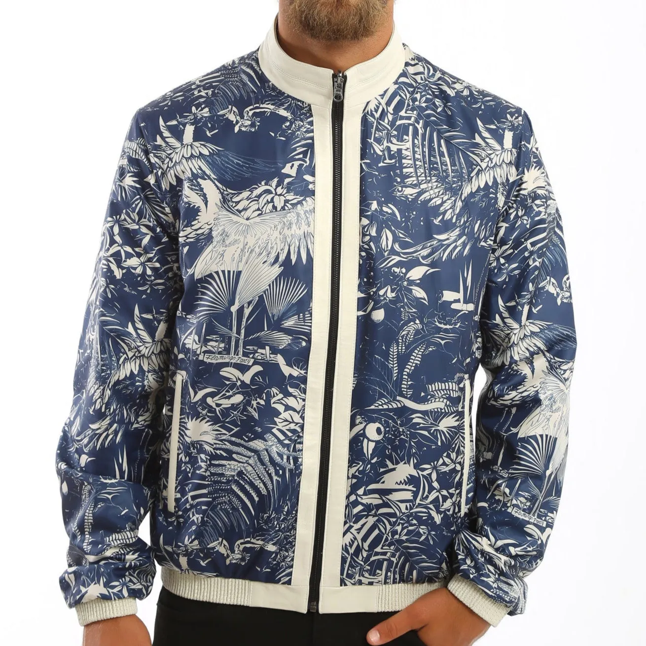Kashani Men's Reversible Perforated Leather & Printed Bomber Jacket - White & Navy