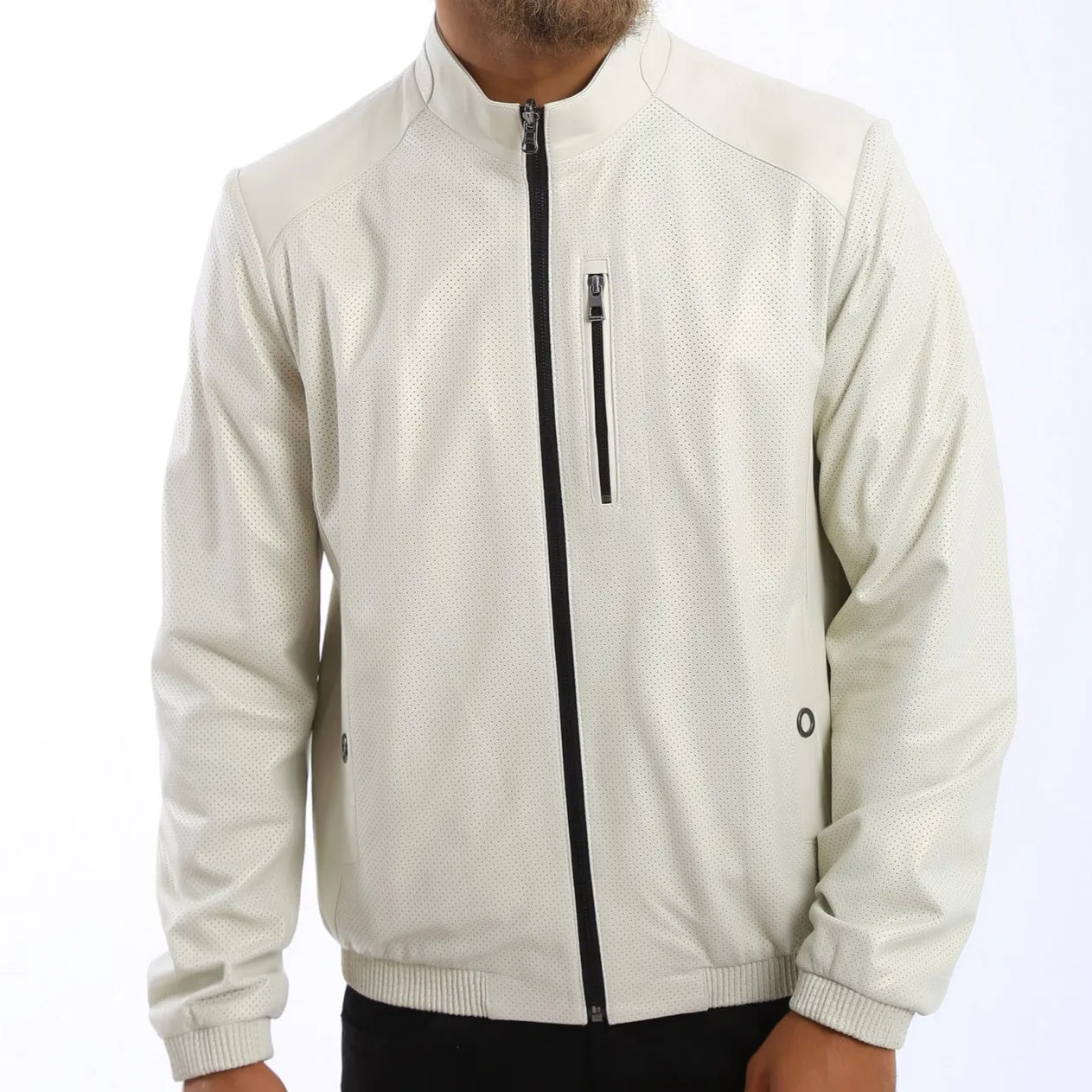 Kashani Men's Reversible Perforated Leather & Printed Bomber Jacket - White & Navy