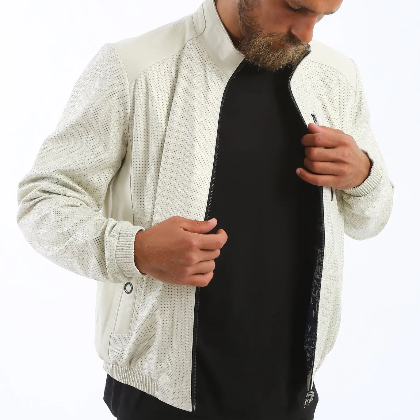 Kashani Men's Reversible Perforated Leather & Printed Bomber Jacket - White & Navy