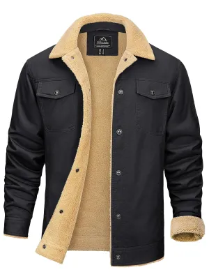 KEFITEVD Mens Jackets for Cold Weather Warm Collar Windproof Sherpa Jacket Trucker Cotton Button Jackets Coat Black 2XL