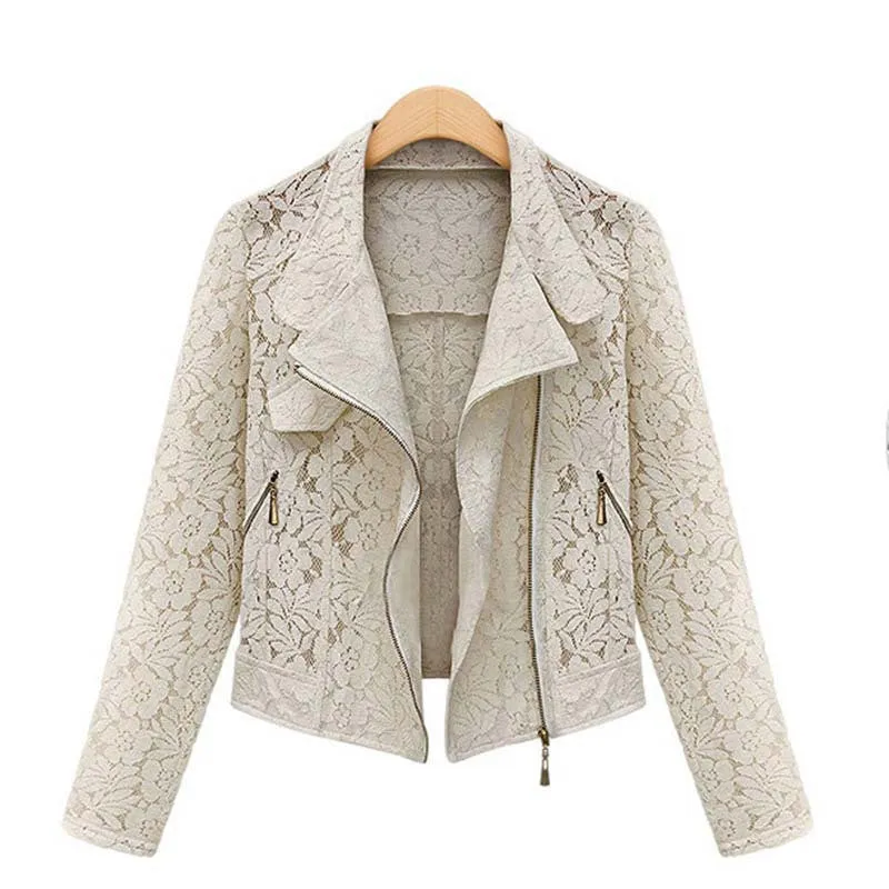 Lace Biker Jacket Brand High Full Lace Outwear Leisure Casual Short Jacket Metal Zipper Jacket