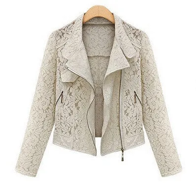 Lace Biker Jacket Brand High Full Lace Outwear Leisure Casual Short Jacket Metal Zipper Jacket