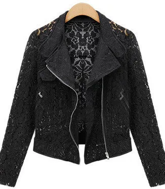Lace Biker Jacket Brand High Full Lace Outwear Leisure Casual Short Jacket Metal Zipper Jacket