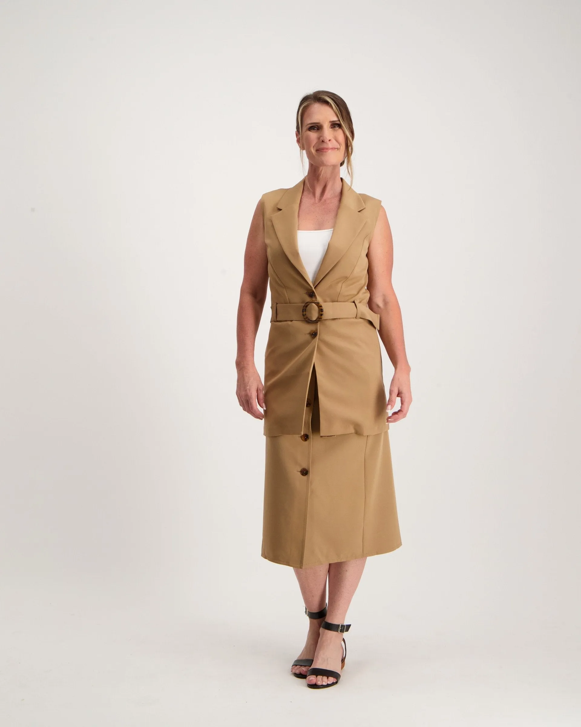 Ladies Sleeveless Jacket with Self Fabric Belt - Tan