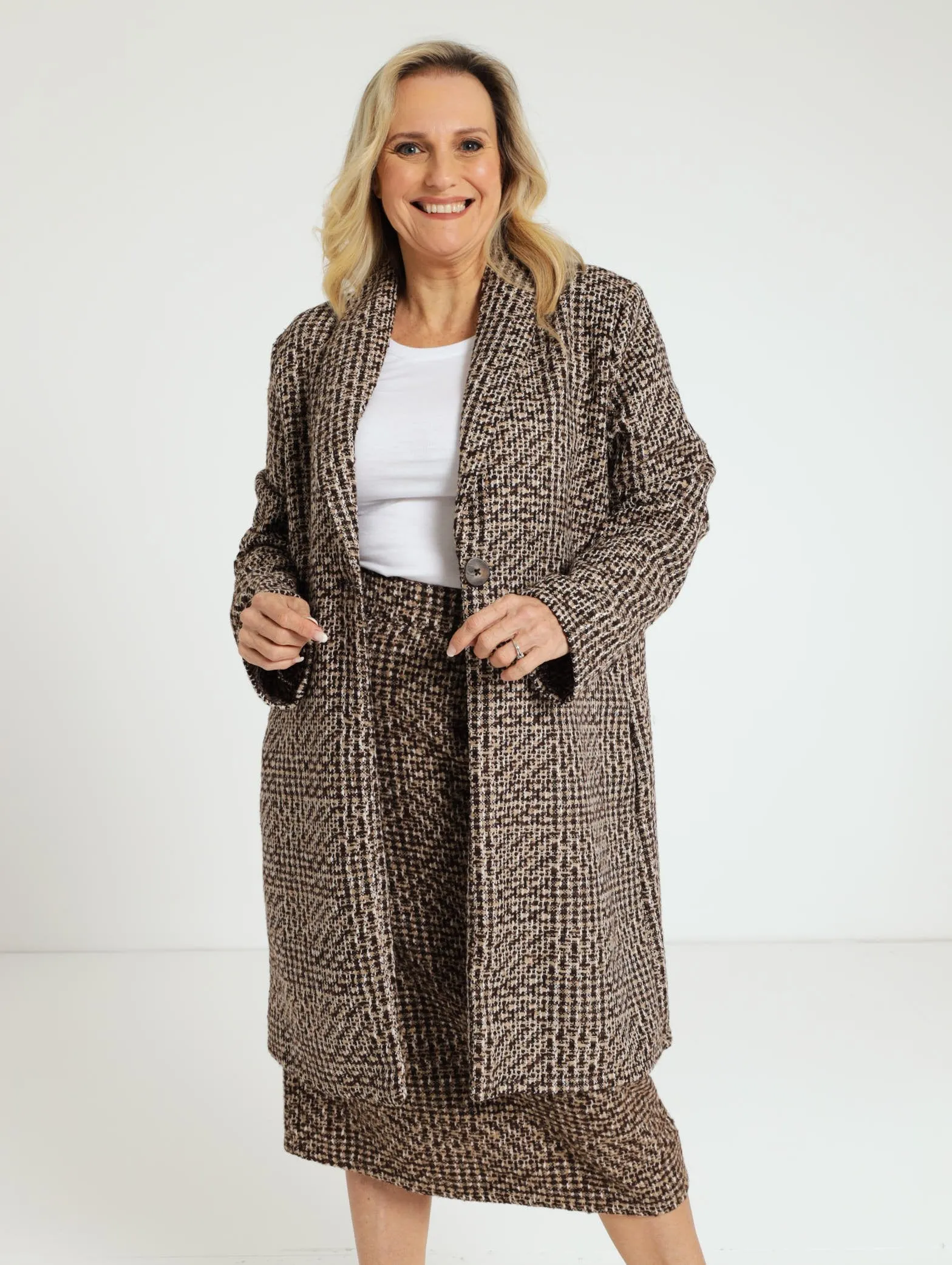 Lapel Check Coat - Brown