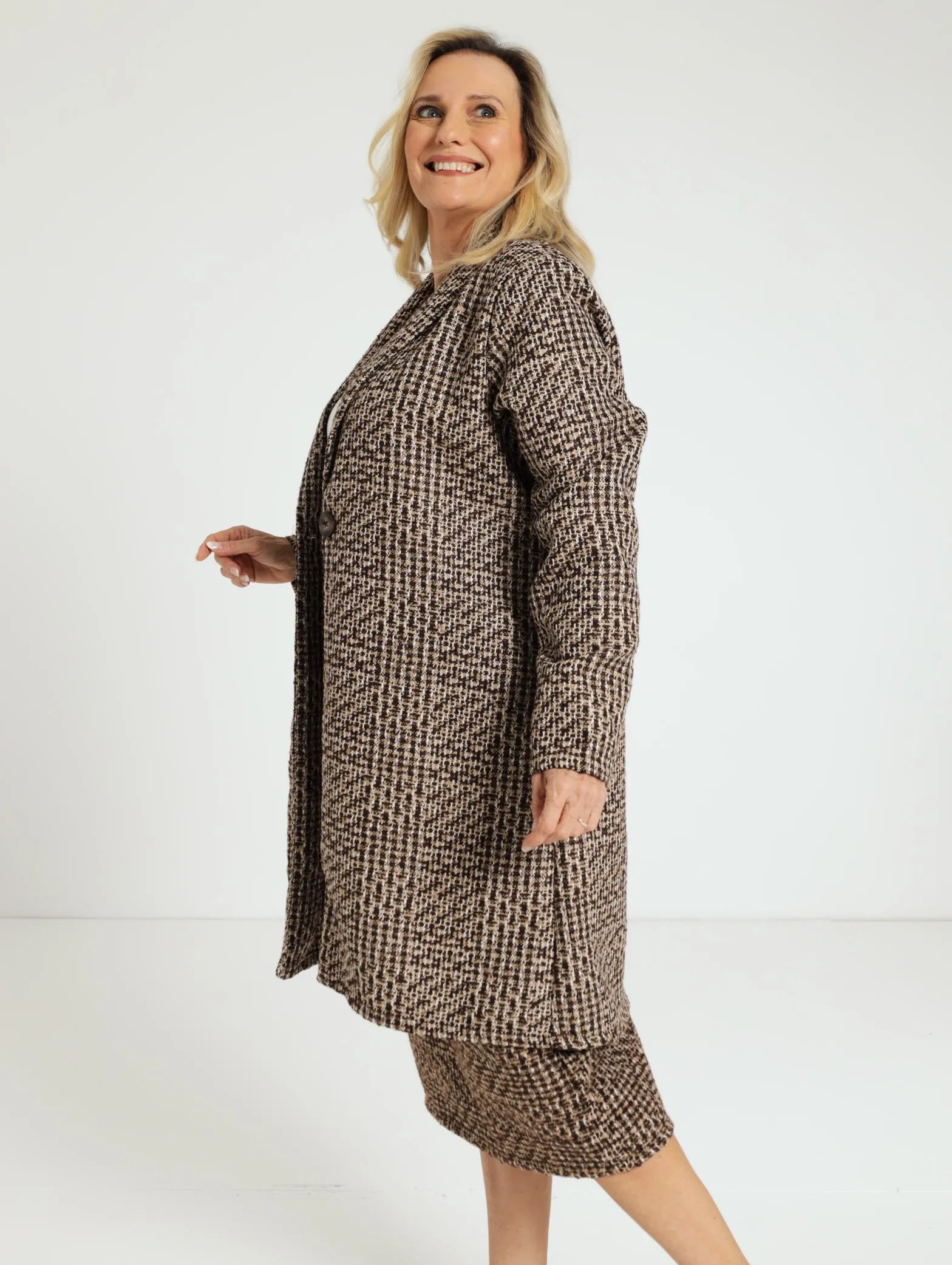 Lapel Check Coat - Brown