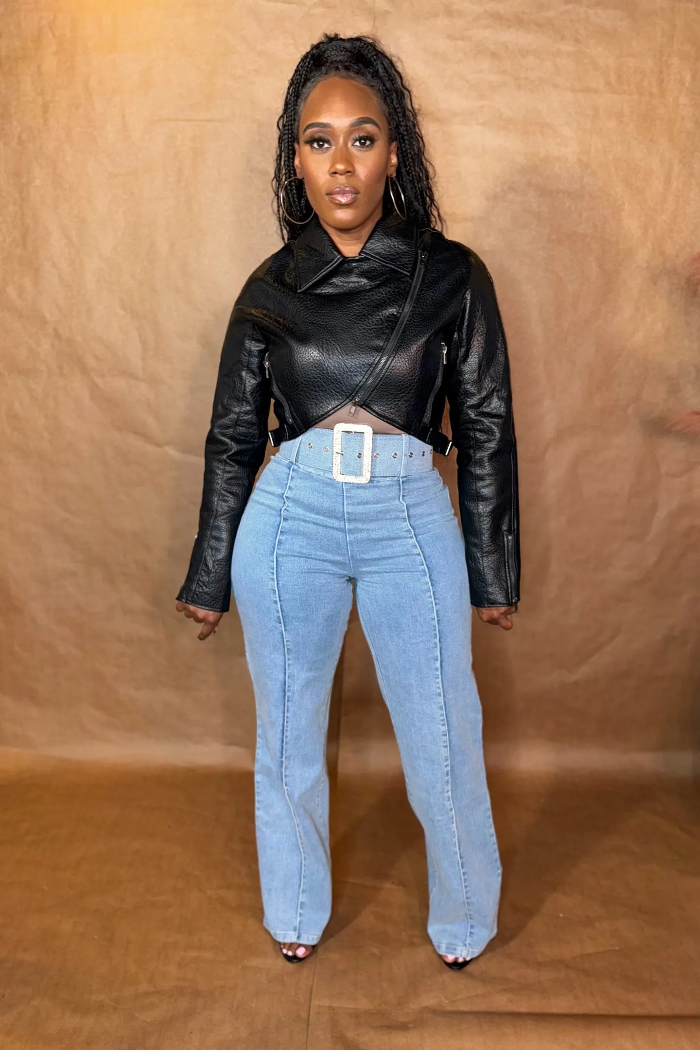 LEATHER COLLARED CROP JACKET