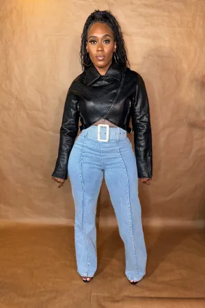 LEATHER COLLARED CROP JACKET