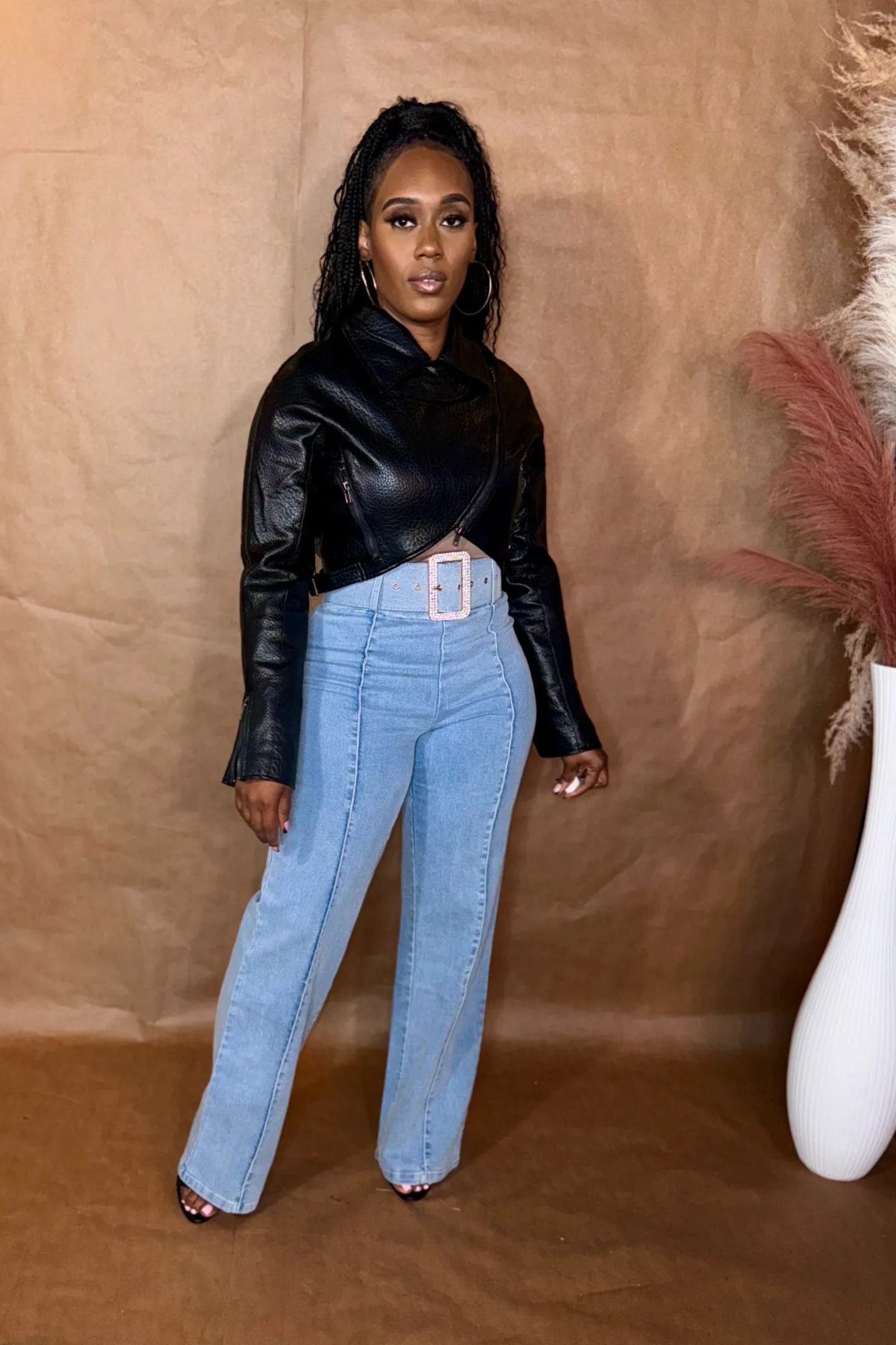 LEATHER COLLARED CROP JACKET