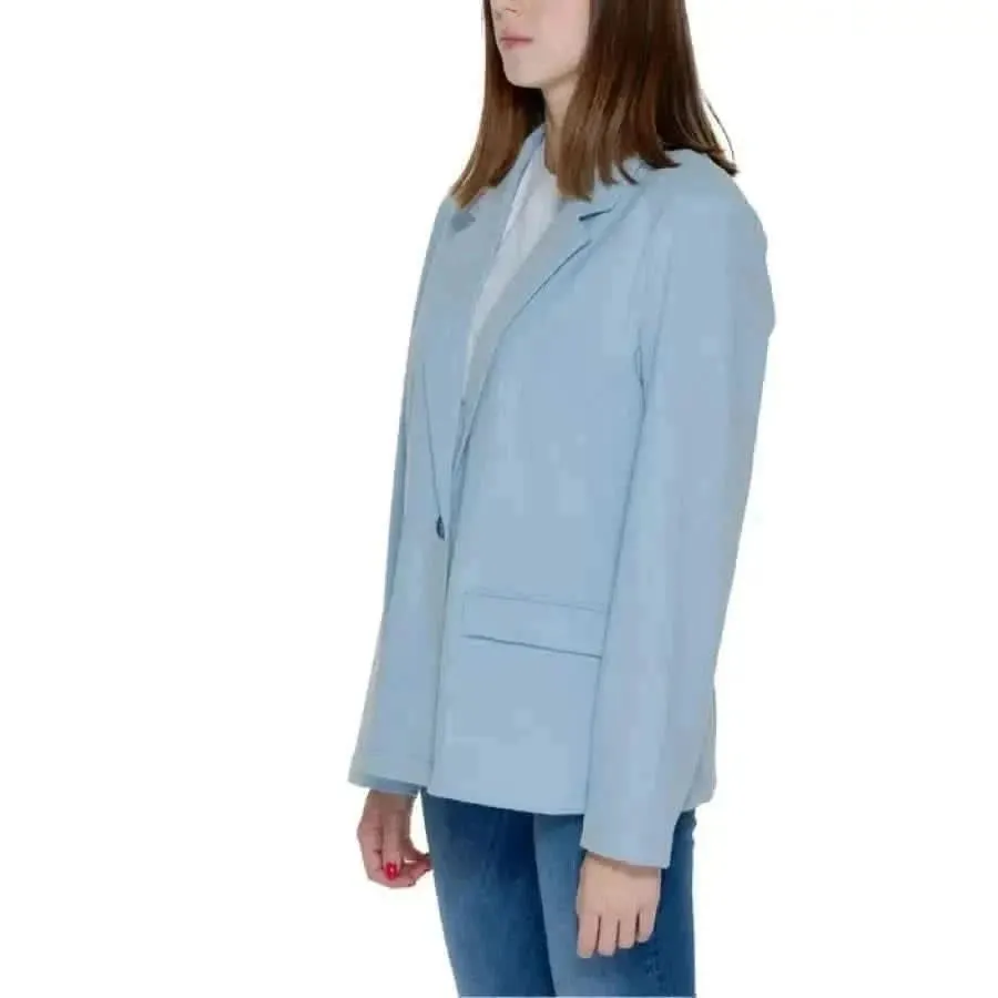 Light Blue Women's Blazer with Lapel Collar and Front Pockets