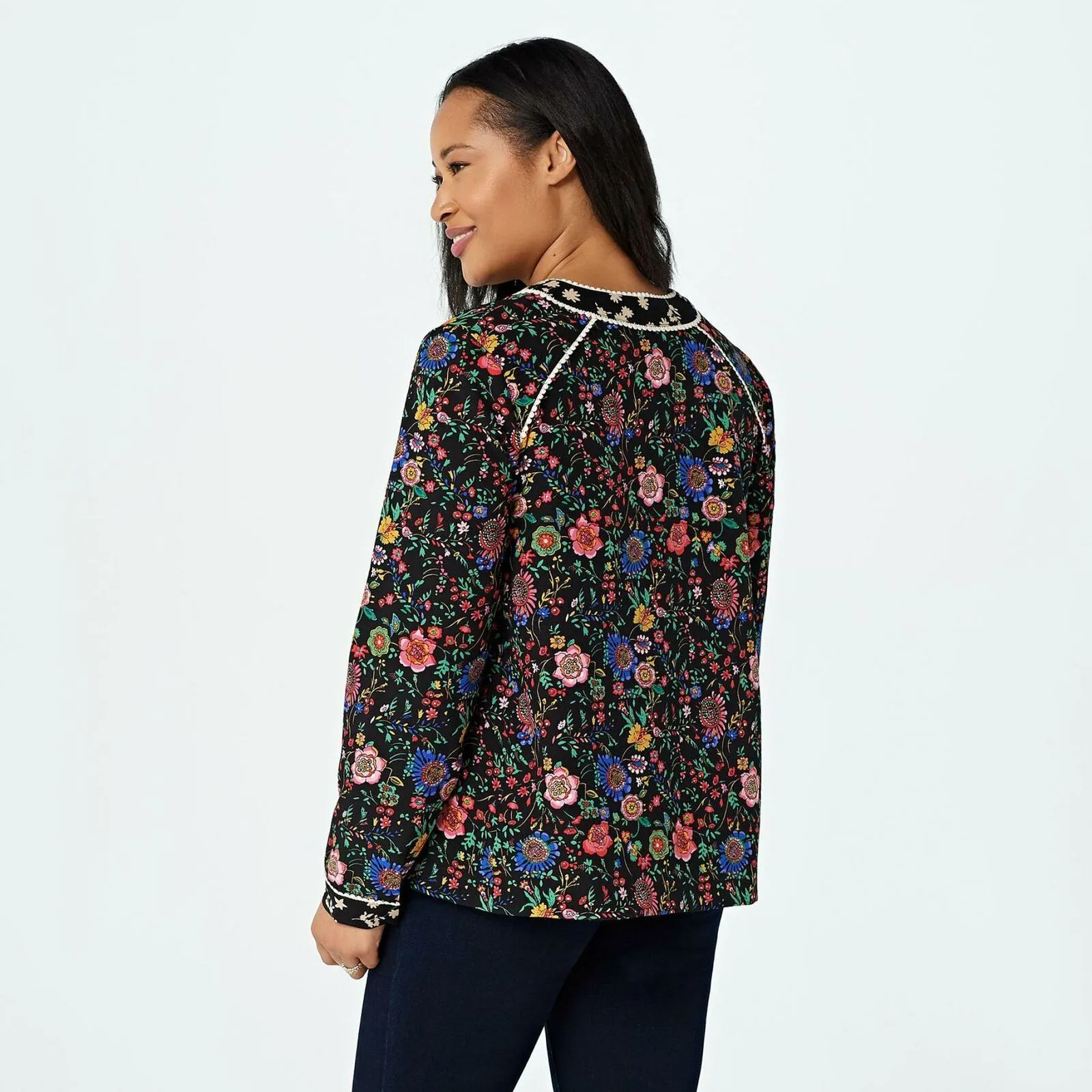 LOGO by Lori Goldstein Women's Mixed Print Picot Trim Woven Jacket Black Large