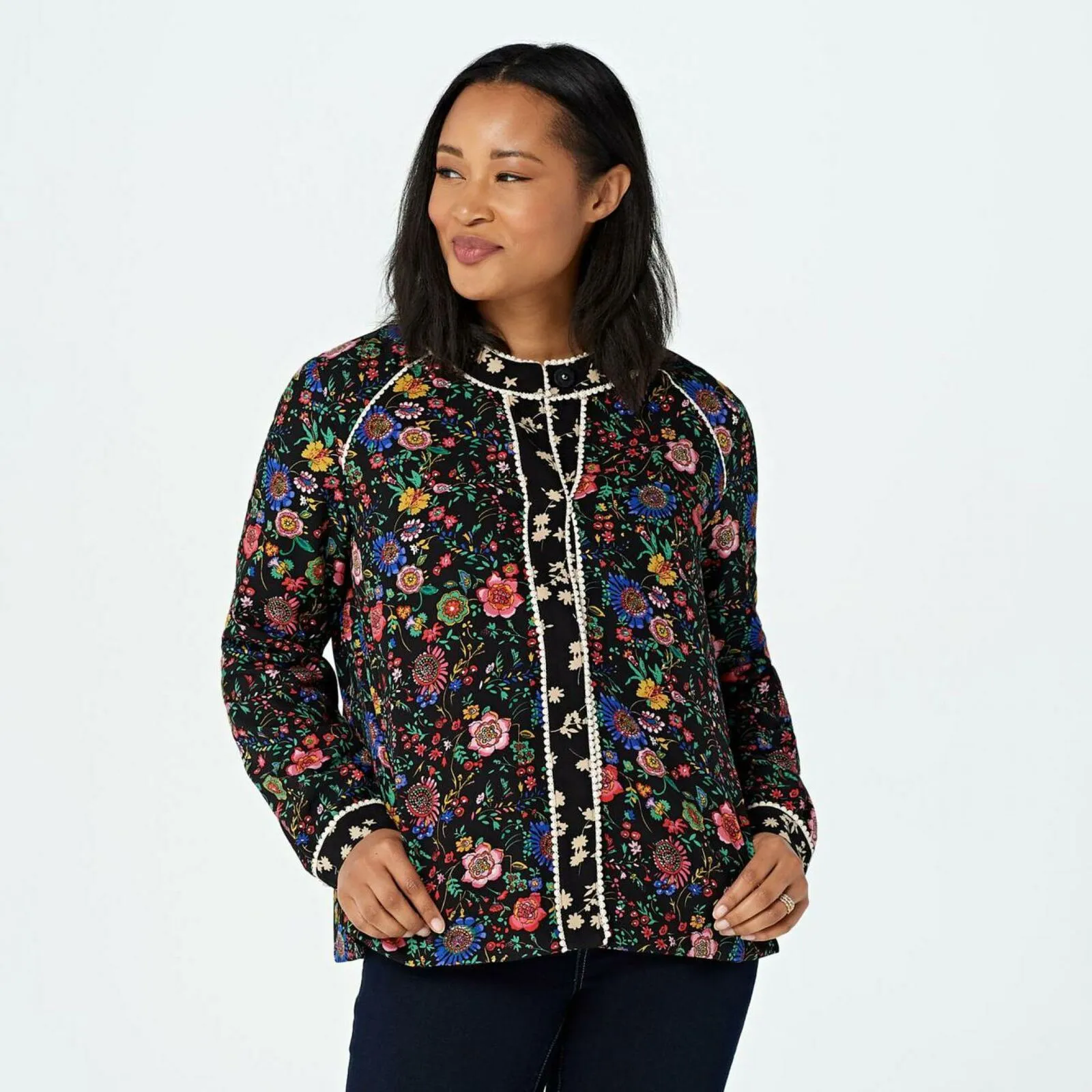 LOGO by Lori Goldstein Women's Mixed Print Picot Trim Woven Jacket Black Large