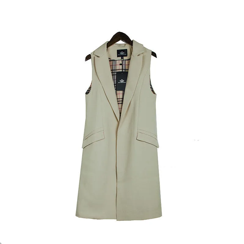 long pockets turn-down collar open stitch sleeveless pantone blue pink beige black blazer vest jackets