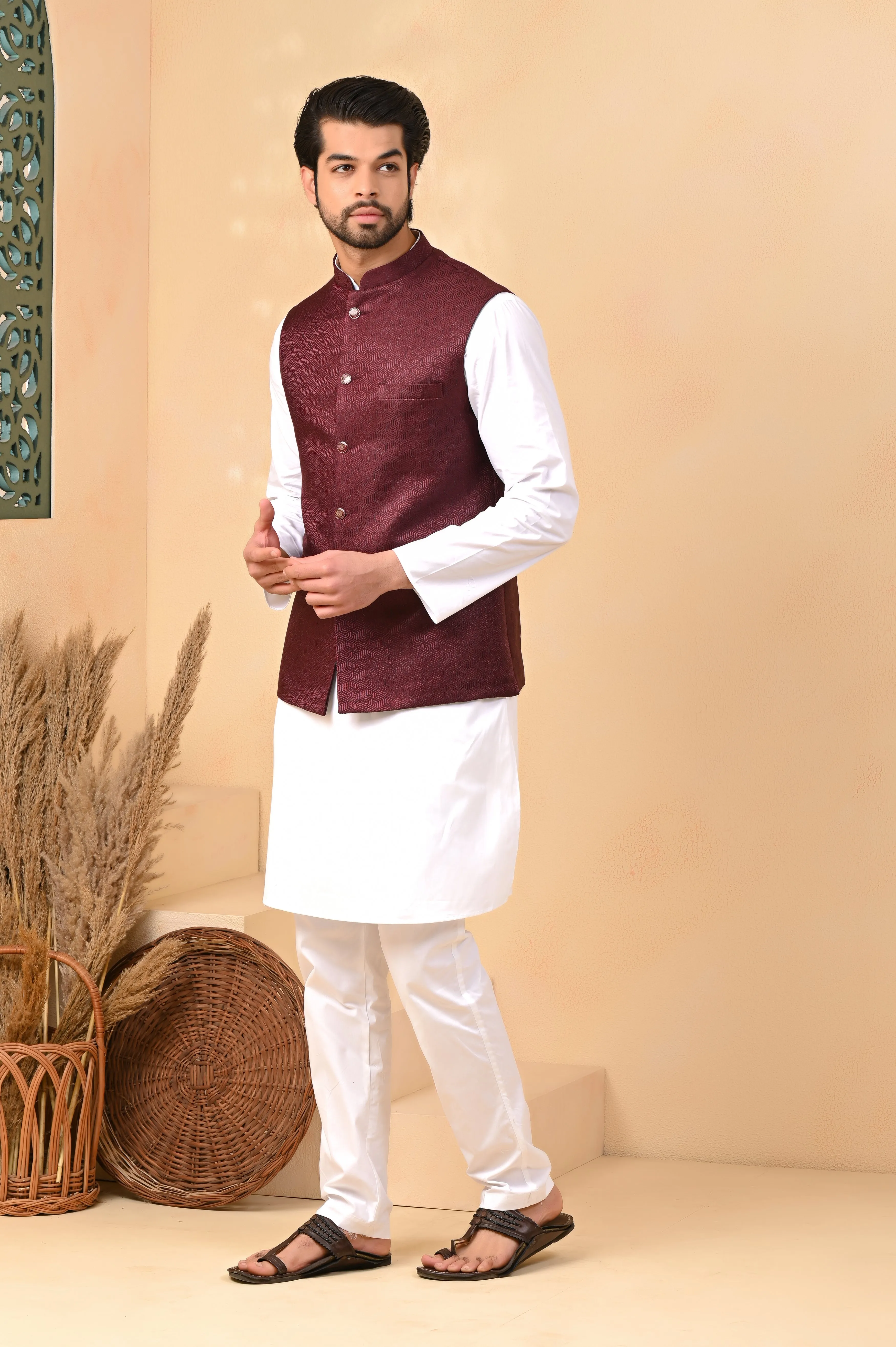 Maroon Self Circle Nehru Jackets