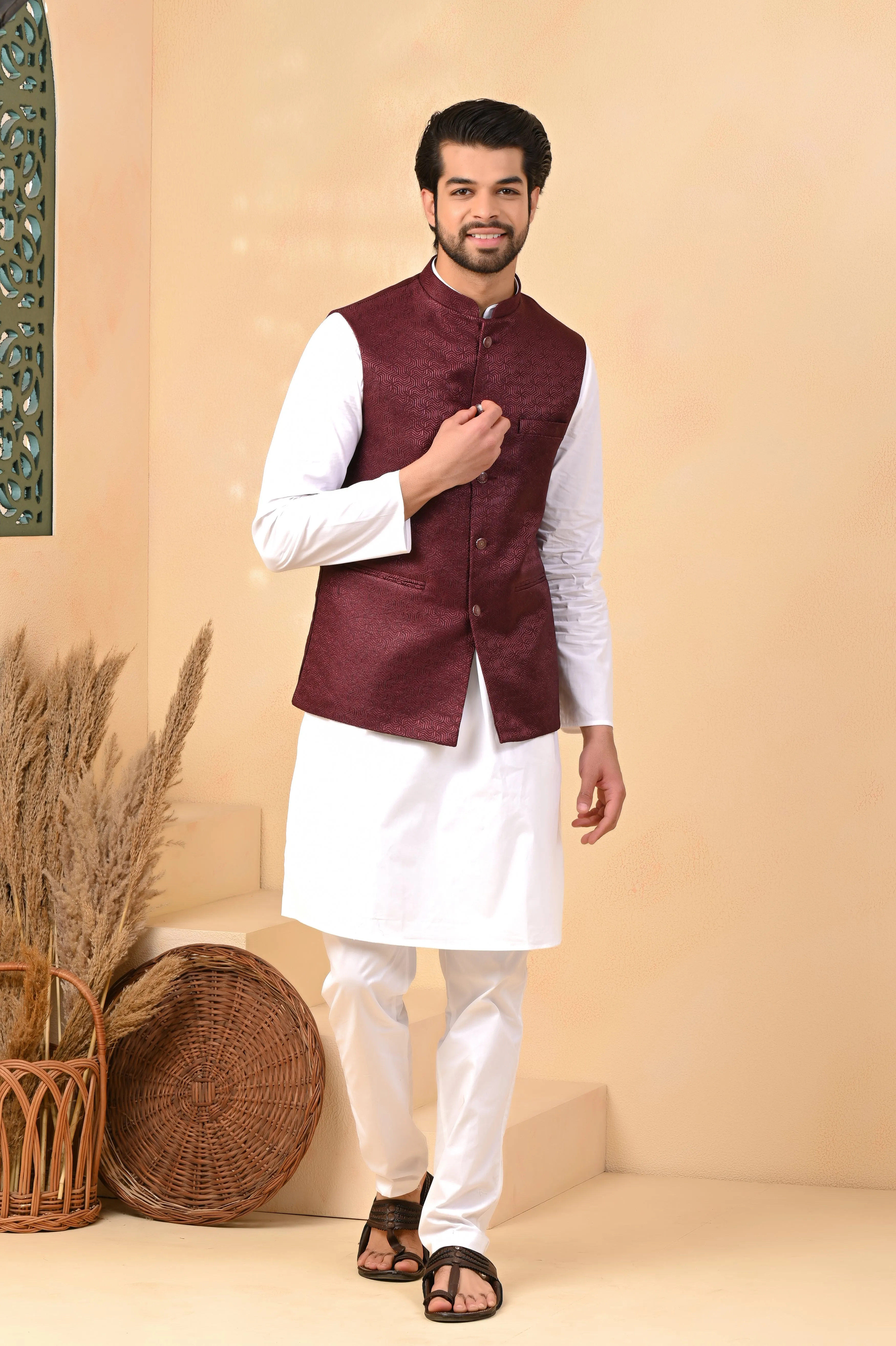 Maroon Self Circle Nehru Jackets