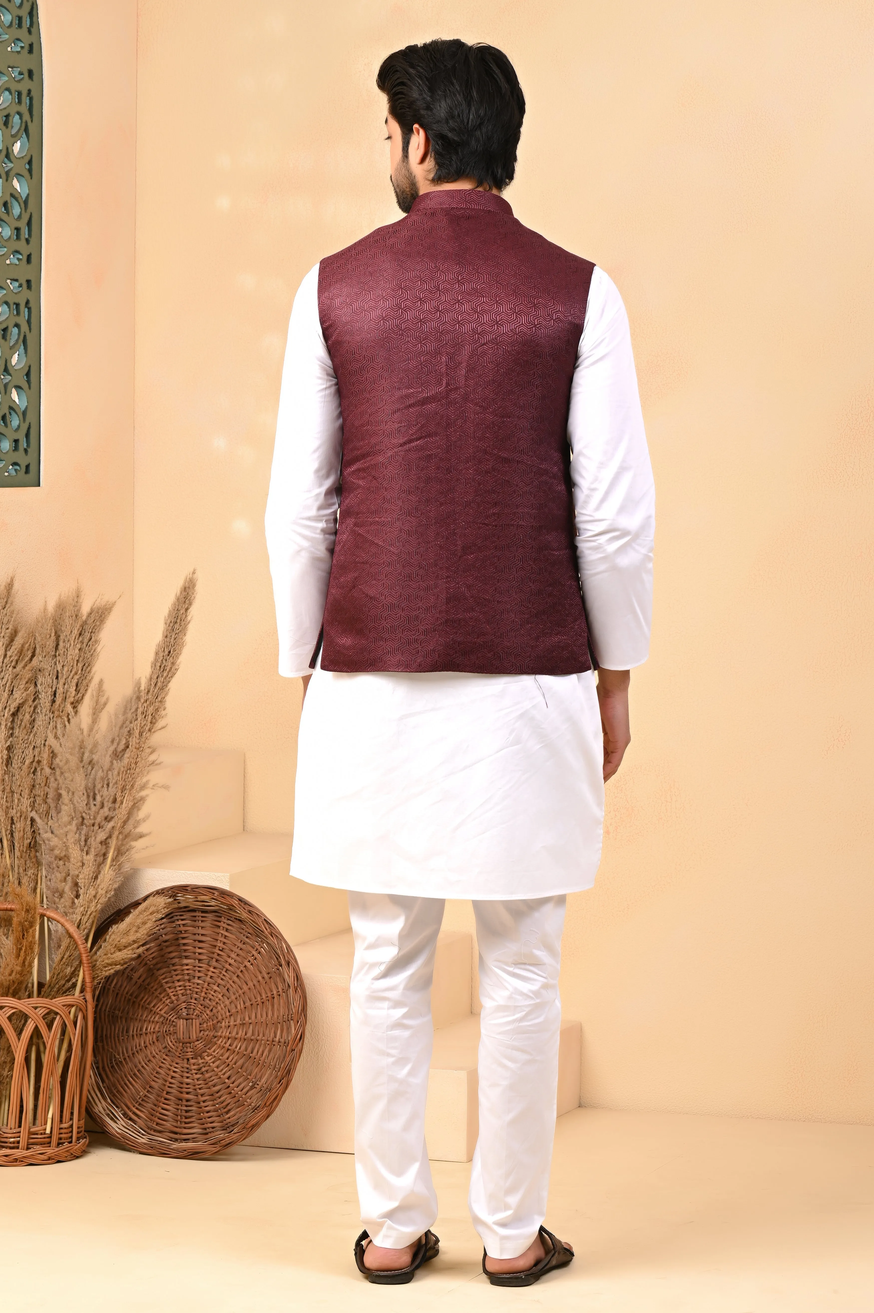 Maroon Self Circle Nehru Jackets