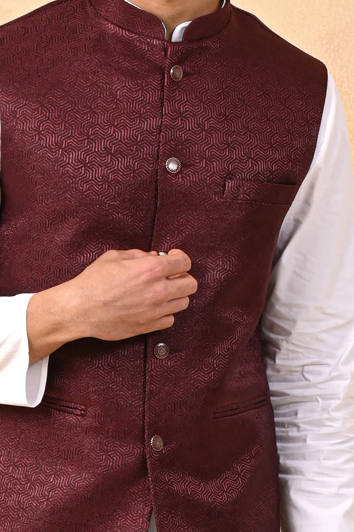 Maroon Self Circle Nehru Jackets