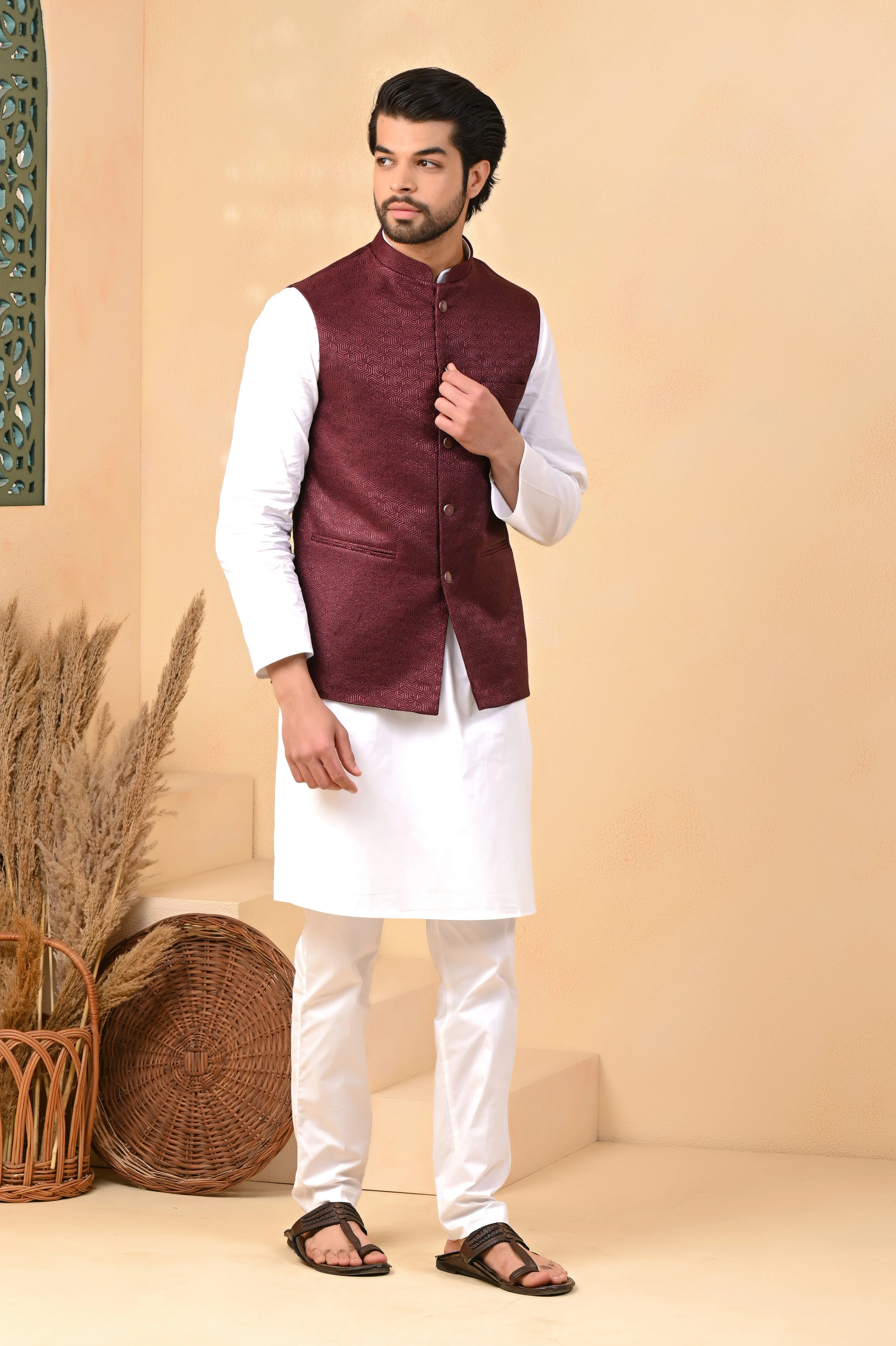 Maroon Self Circle Nehru Jackets