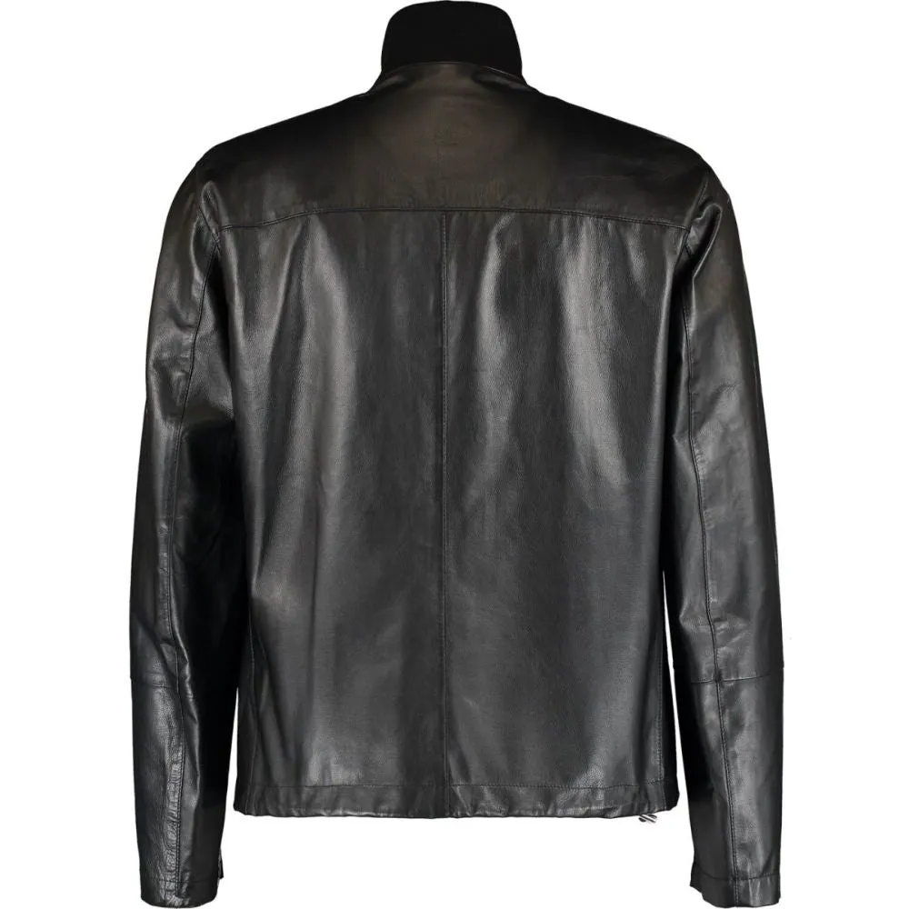 Men Black Leather High-Neck Jacket
