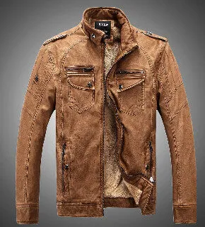 Men Leather Jacket Fur Stand Collar PU Motorcycle Jacket Men Wadded fashion Casual Parka